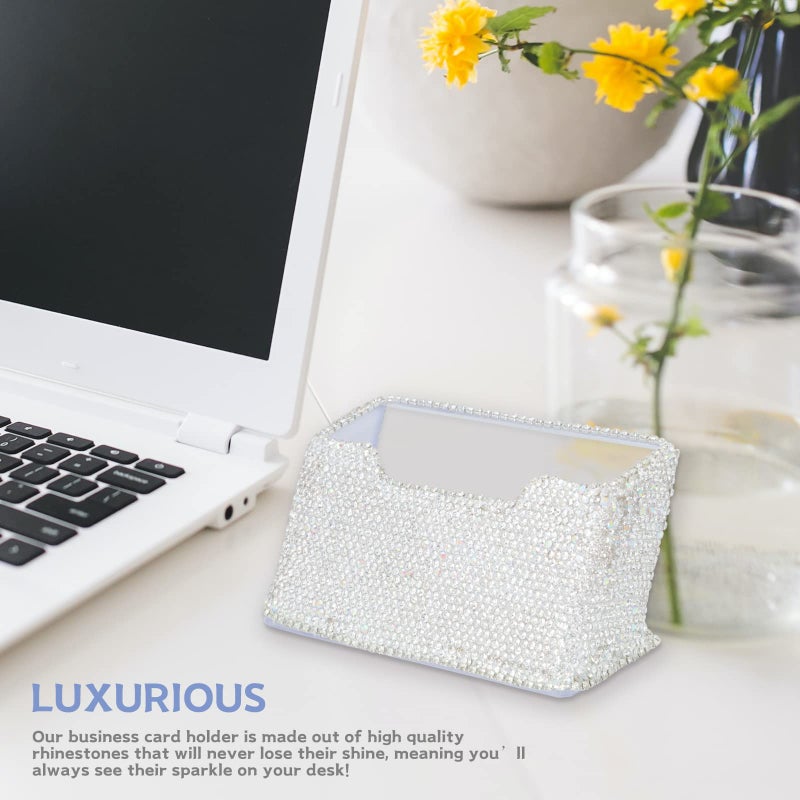 KEYPOWER Business Card Holder Stand for Office - Professional & Luxury Display Womens Office Name Card with White Crystal Accessories (White) - Image 2